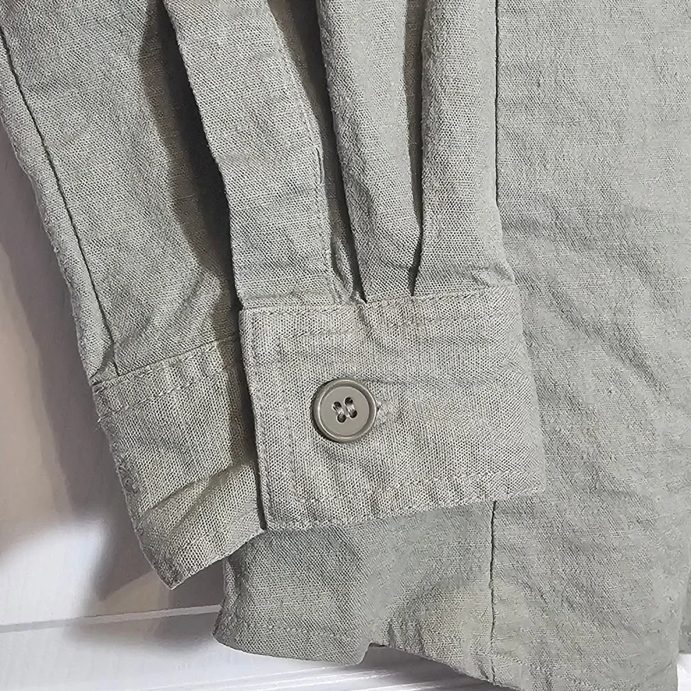 Louise Paris Women Green Linen Blend Button Down Long Sleeve Shirt Large Natural